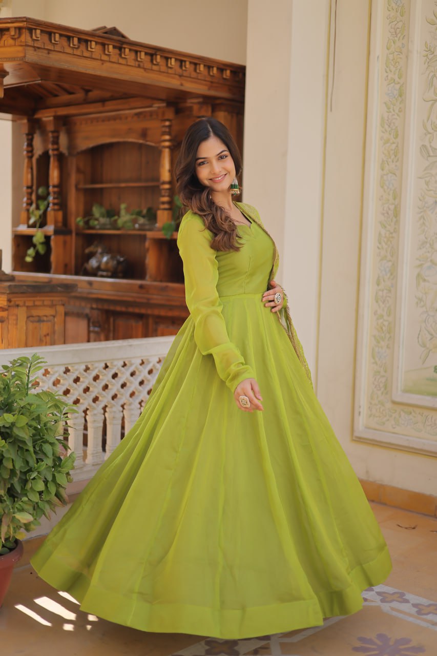 Alluring Russian Silk Fully Stitched Designer Gown With Dupatta - Ethnicwish