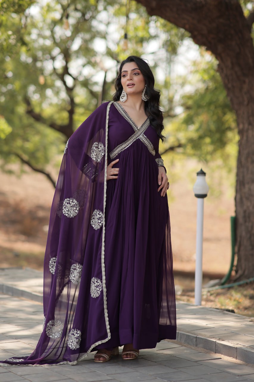 Charming Alia Cut Faux Georgette Festive Wear Designer Gown - Ethnicwish