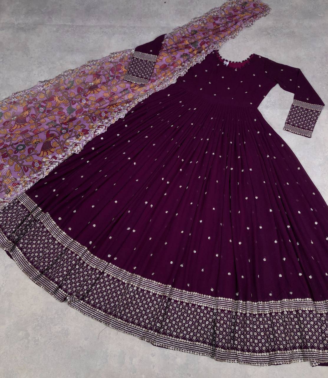 Elegant Faux Georgette Zari Sequins Worked Fully Stitched Gown - Ethnicwish