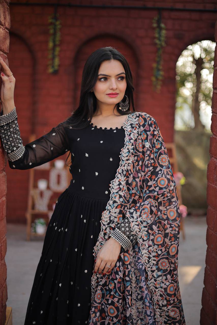 Elegant Faux Georgette Zari Sequins Worked Fully Stitched Gown - Ethnicwish