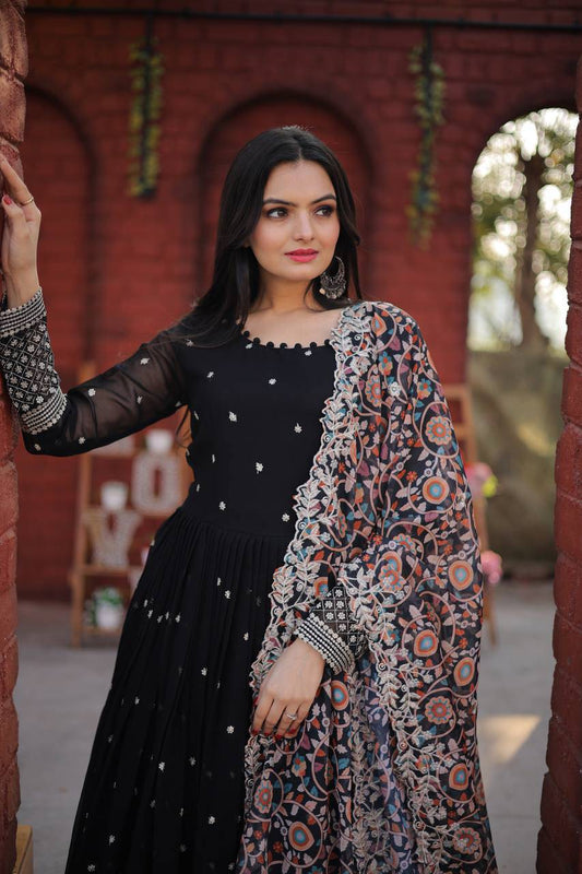 Elegant Faux Georgette Zari Sequins Worked Fully Stitched Gown - Ethnicwish