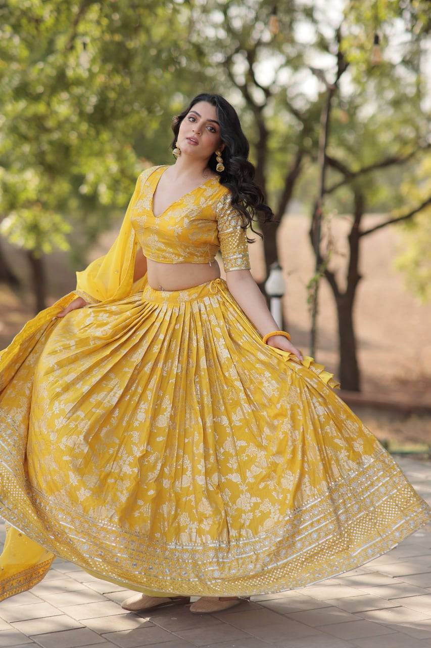 Fascinating Pure Viscous Jacquard Sequins Embroidered Lehenga Choli - Ethnicwish