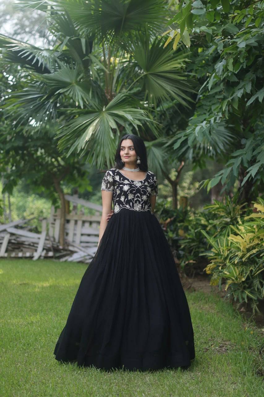 Enticing Faux Georgette Coded Sequins Embroidered Gown - Ethnicwish