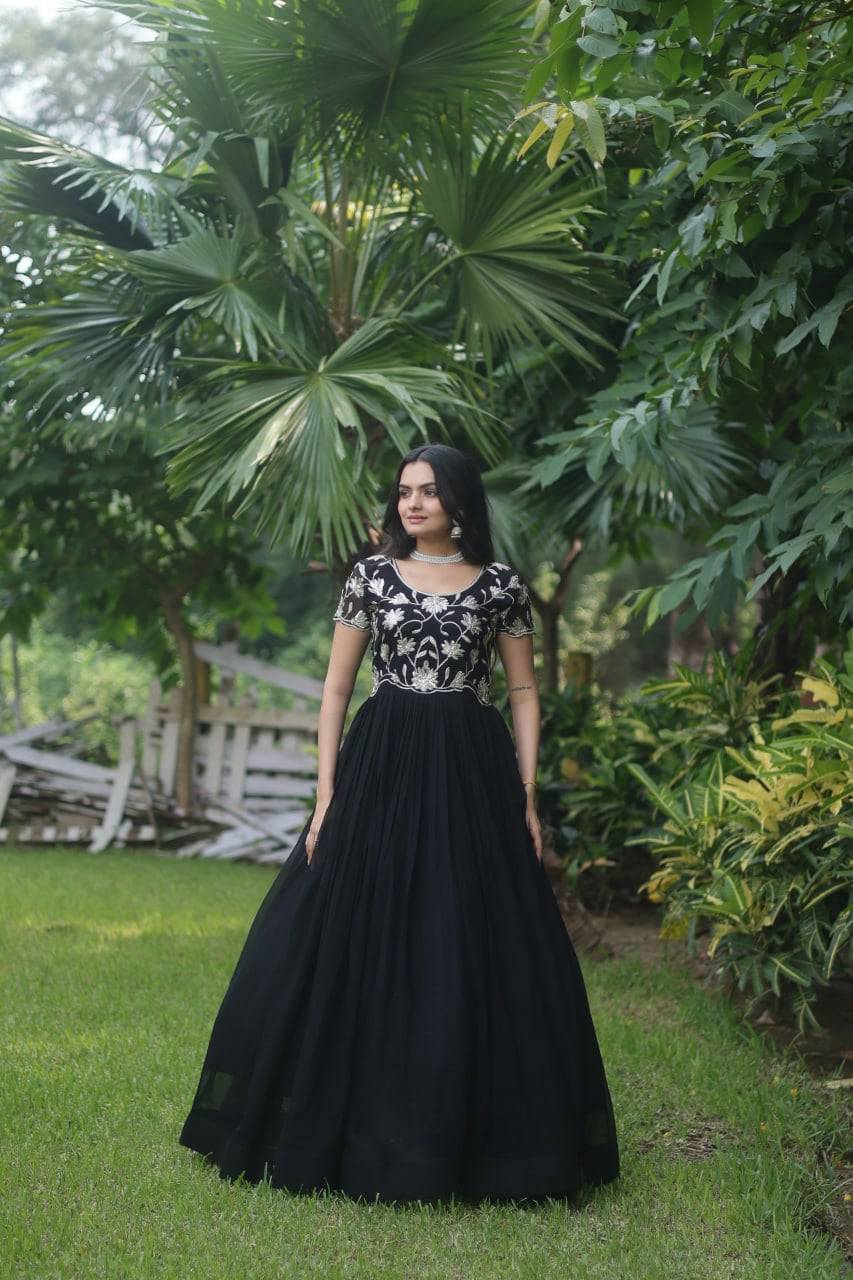 Enticing Faux Georgette Coded Sequins Embroidered Gown - Ethnicwish