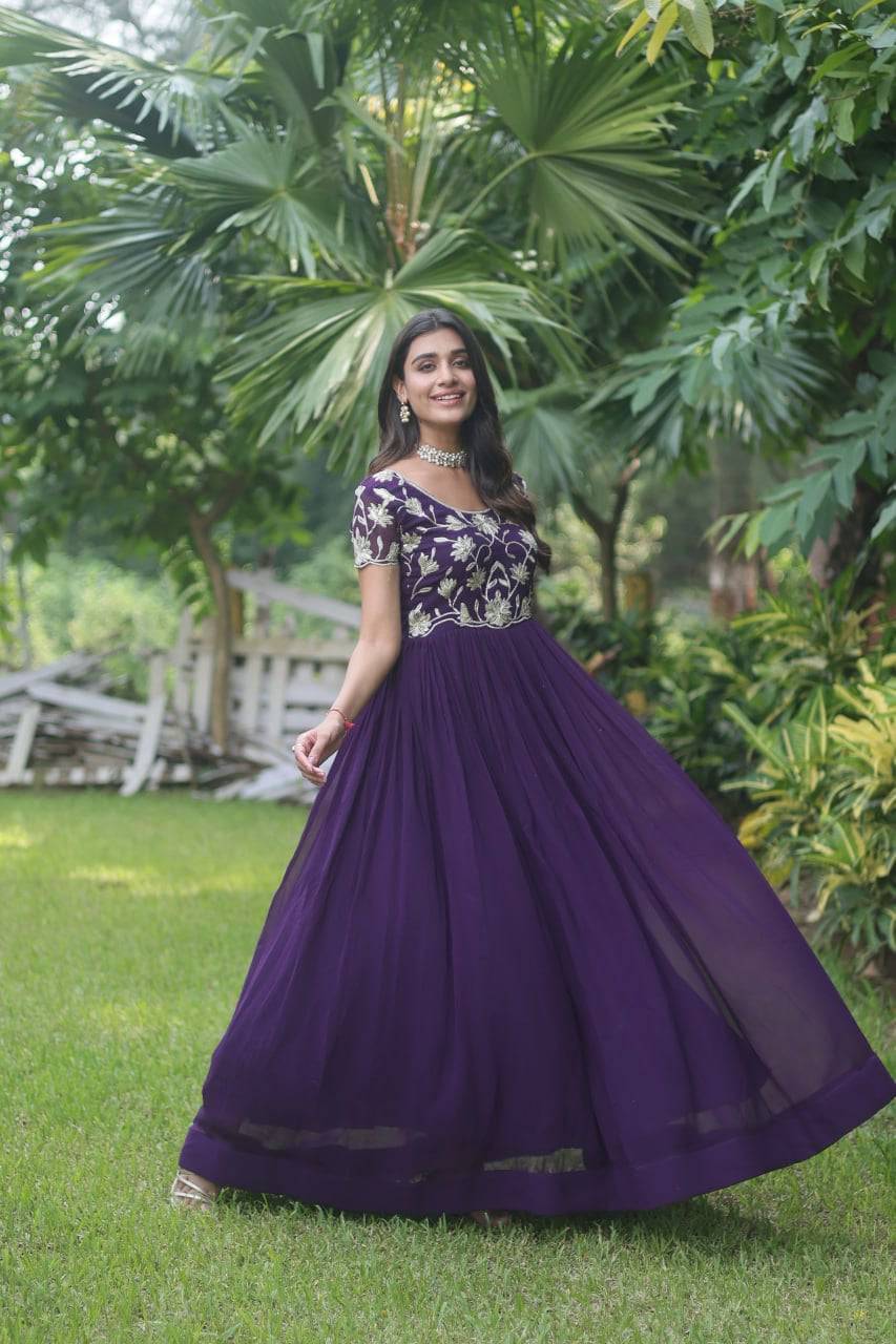 Enticing Faux Georgette Coded Sequins Embroidered Gown - Ethnicwish