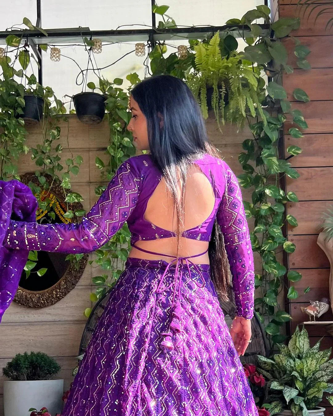 Magnificent Purple Heavy Sequins Embroidered Georgette Lehenga Choli - Ethnicwish