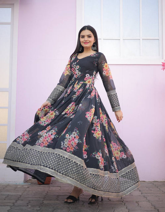 Thrilling Floral Digital Printed Sequins Zari Worked Fully Stitched Gown - Ethnicwish