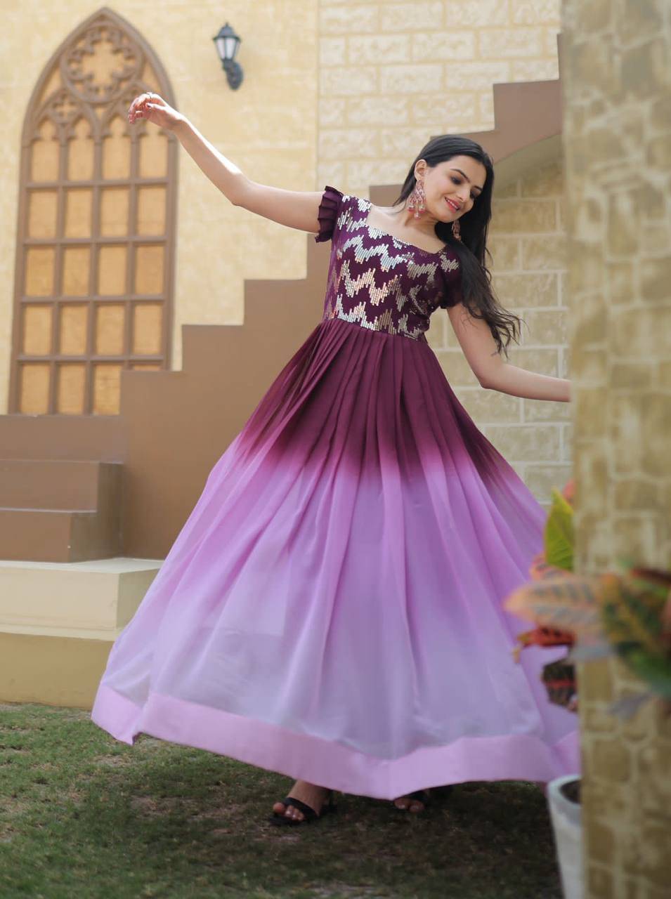 Dashing Faux Georgette Shaded Sequins Worked Gown - Ethnicwish