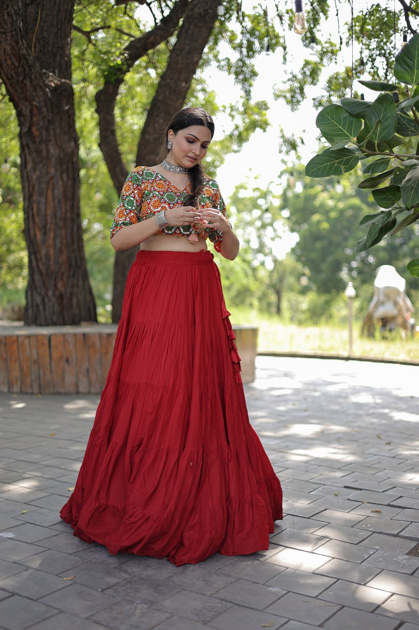 Glorious Navratri Wear Rayon Ruffle Fully Stitched Lehenga Choli - Ethnicwish