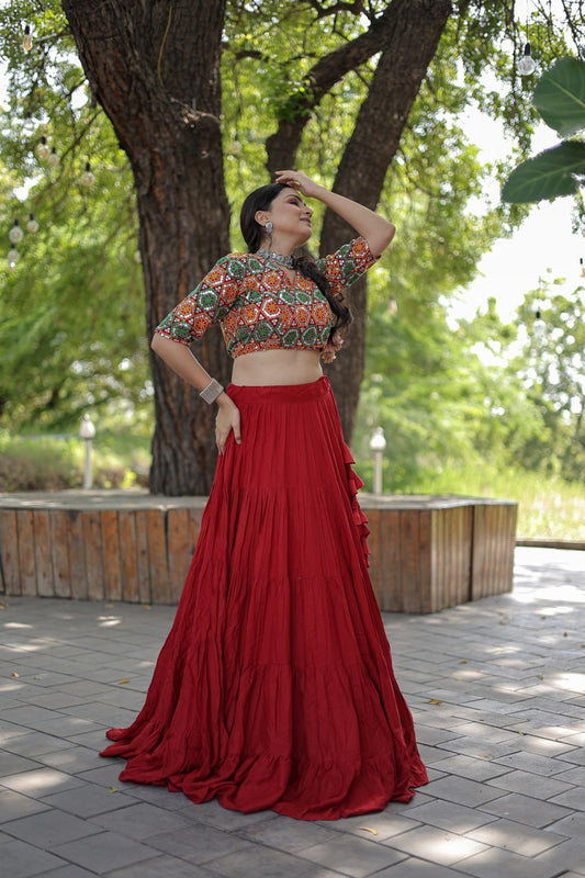 Glorious Navratri Wear Rayon Ruffle Fully Stitched Lehenga Choli - Ethnicwish