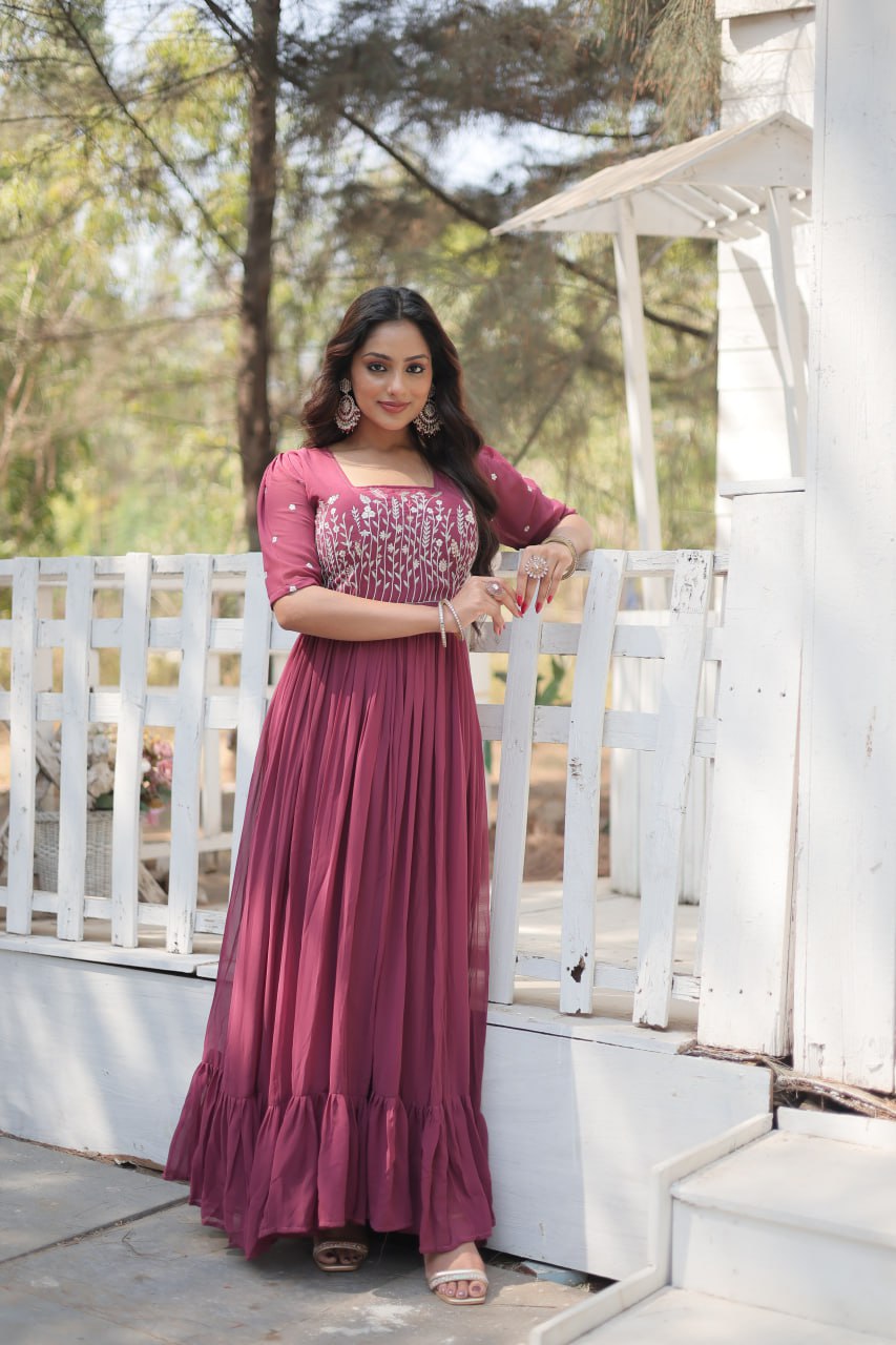Glorious Faux Georgette Sequins Thread Worked Stitched Gown - Ethnicwish