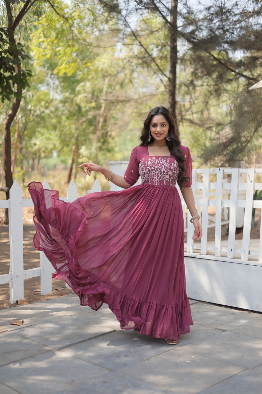 Glorious Faux Georgette Sequins Thread Worked Stitched Gown - Ethnicwish