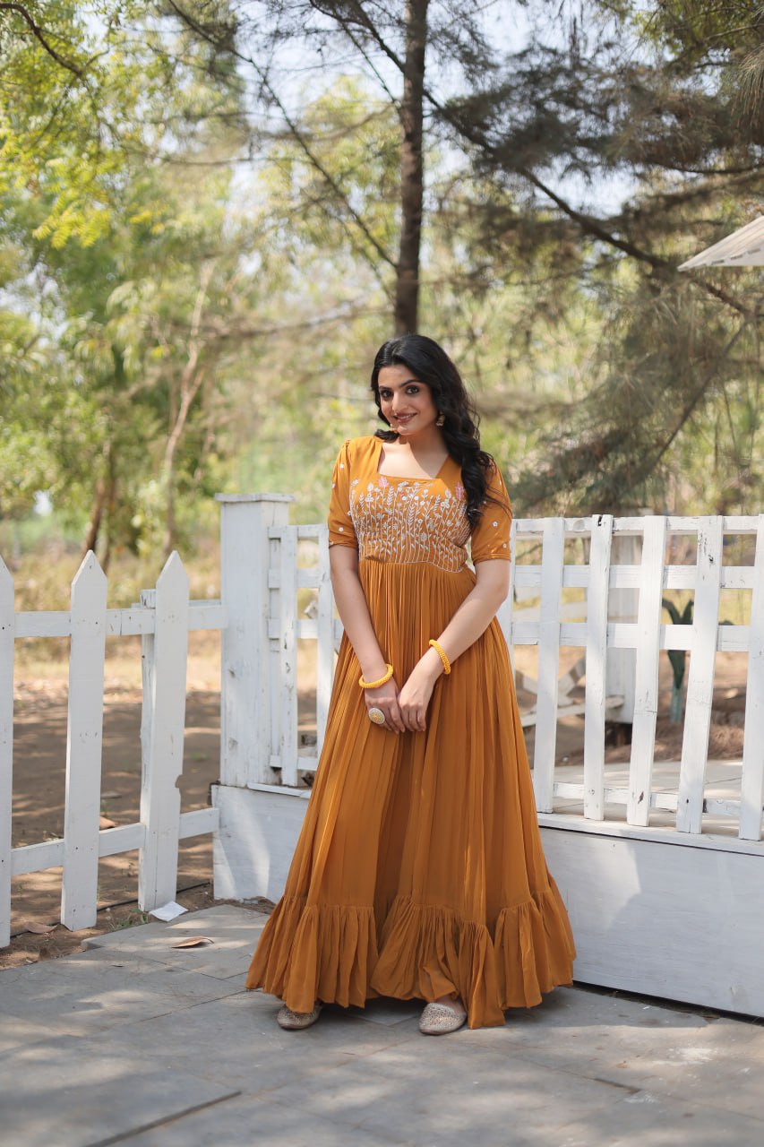 Glorious Faux Georgette Sequins Thread Worked Stitched Gown - Ethnicwish