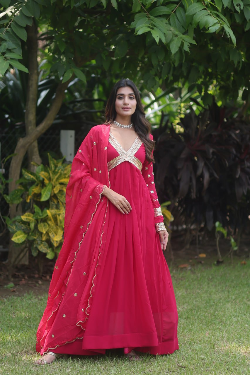 Glamorous Faux Georgette Zari Sequins Worked Gown - Ethnicwish