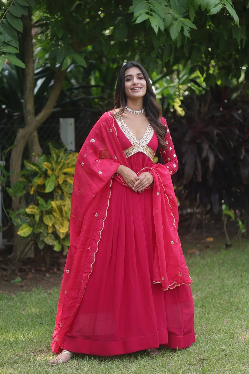 Glamorous Faux Georgette Zari Sequins Worked Gown - Ethnicwish