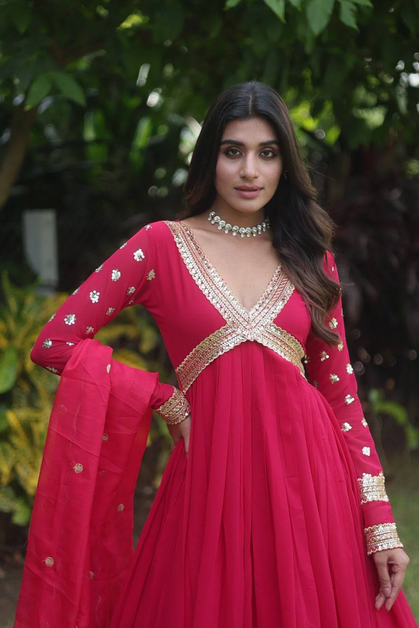 Glamorous Faux Georgette Zari Sequins Worked Gown - Ethnicwish
