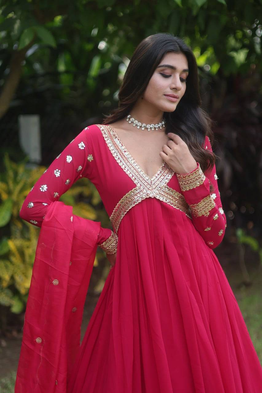 Glamorous Faux Georgette Zari Sequins Worked Gown - Ethnicwish