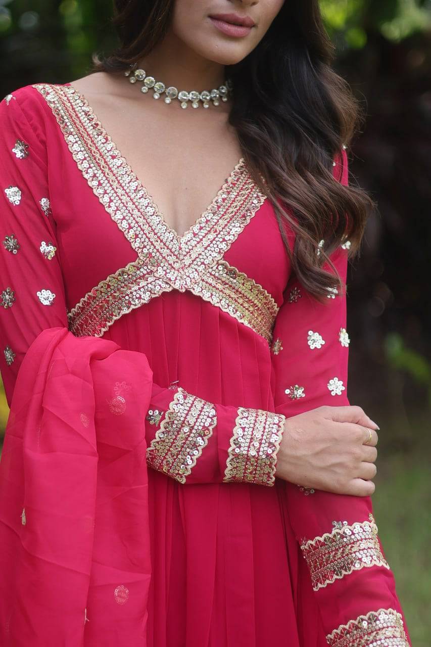 Glamorous Faux Georgette Zari Sequins Worked Gown - Ethnicwish