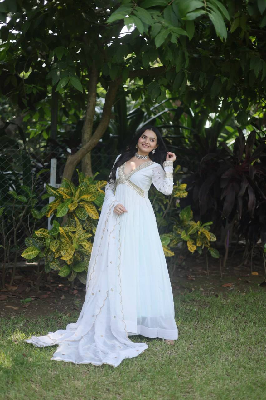 Glamorous Faux Georgette Zari Sequins Worked Gown - Ethnicwish