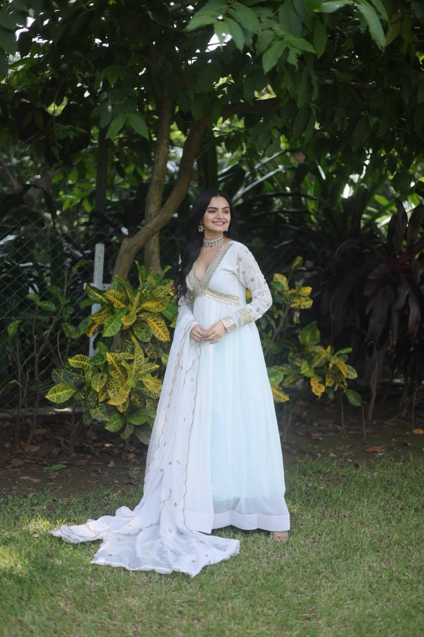 Glamorous Faux Georgette Zari Sequins Worked Gown - Ethnicwish