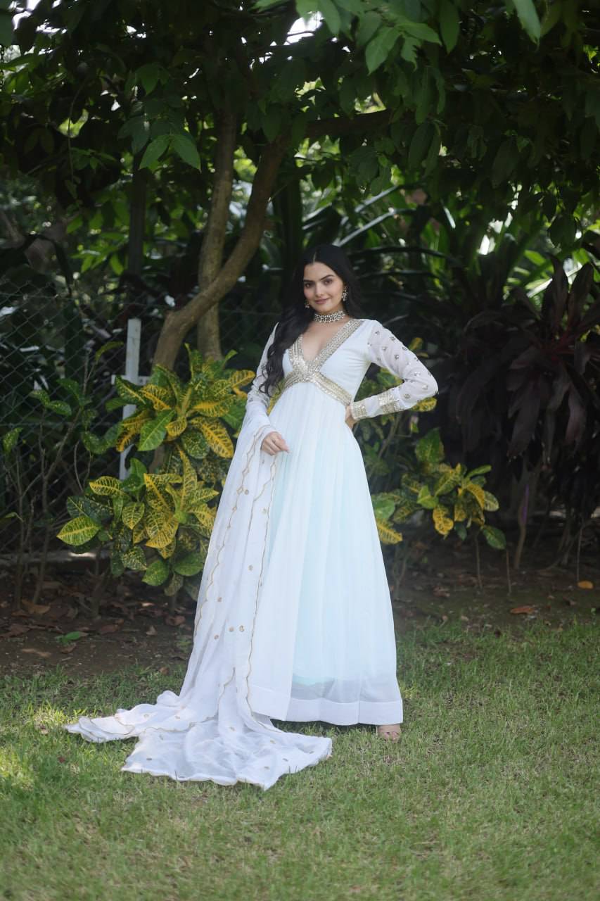 Glamorous Faux Georgette Zari Sequins Worked Gown - Ethnicwish