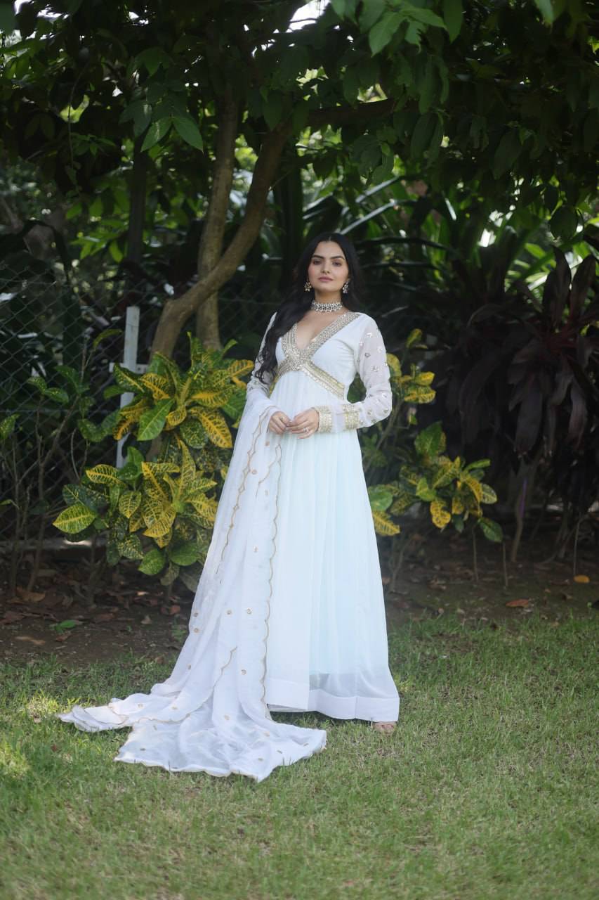 Glamorous Faux Georgette Zari Sequins Worked Gown - Ethnicwish