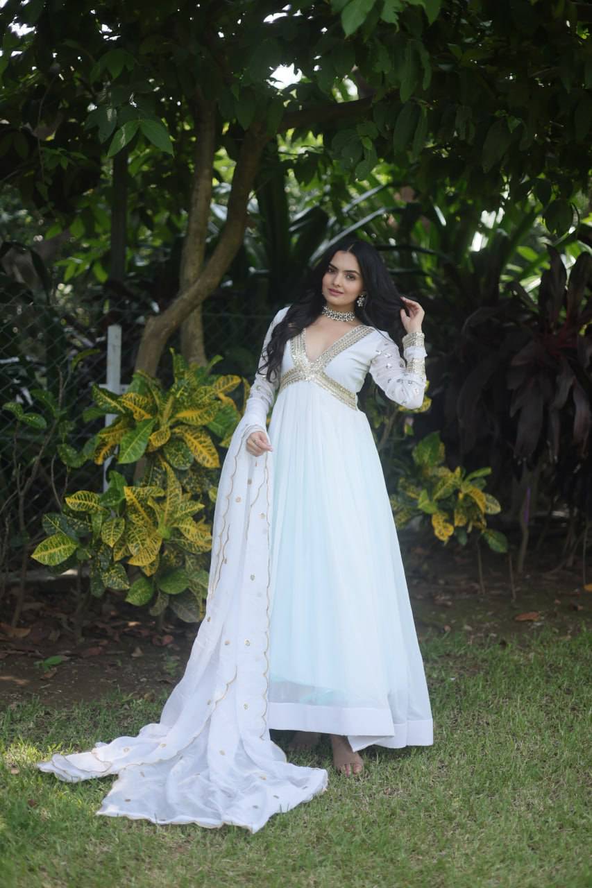 Glamorous Faux Georgette Zari Sequins Worked Gown - Ethnicwish