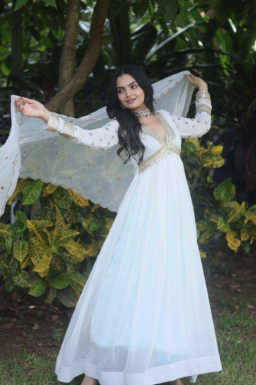 Glamorous Faux Georgette Zari Sequins Worked Gown - Ethnicwish