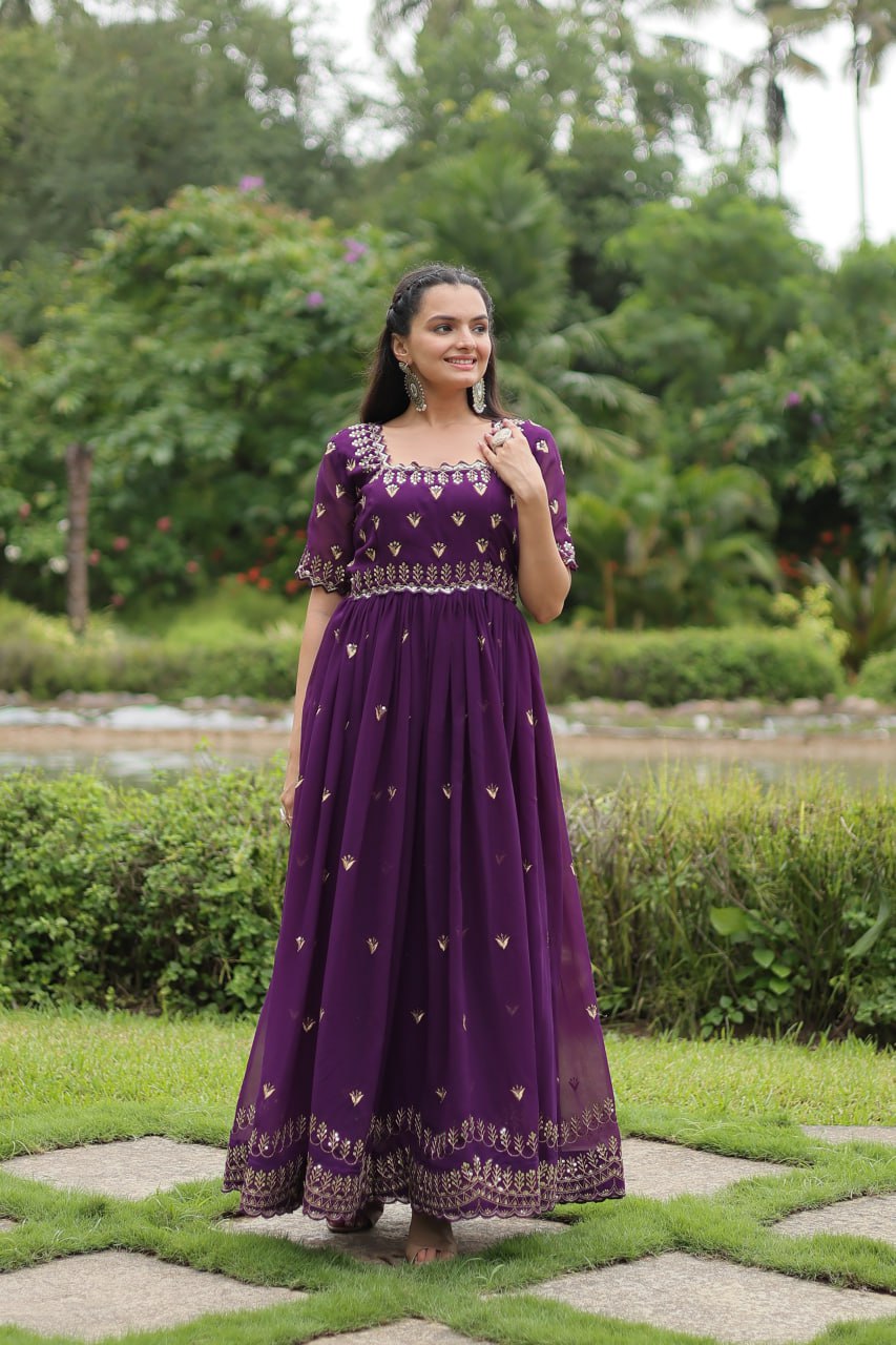 Striking Faux Georgette Zari Sequins Worked Stitched Gown - Ethnicwish