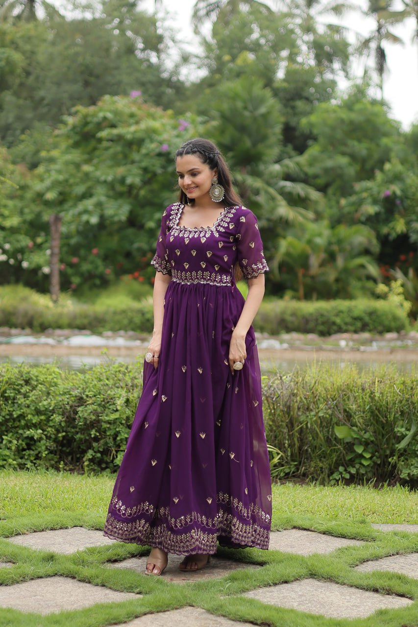 Striking Faux Georgette Zari Sequins Worked Stitched Gown - Ethnicwish