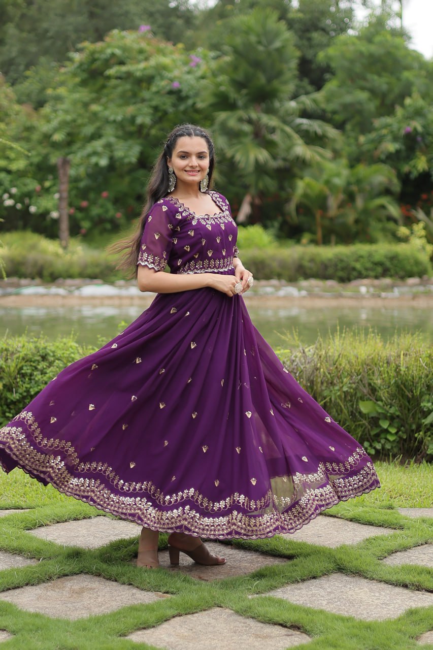 Striking Faux Georgette Zari Sequins Worked Stitched Gown - Ethnicwish