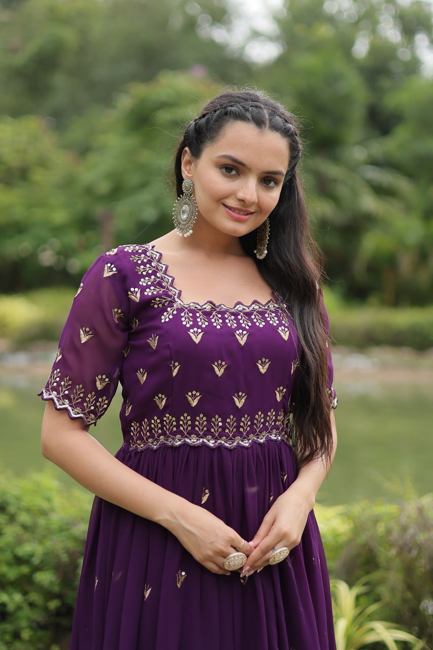 Striking Faux Georgette Zari Sequins Worked Stitched Gown - Ethnicwish