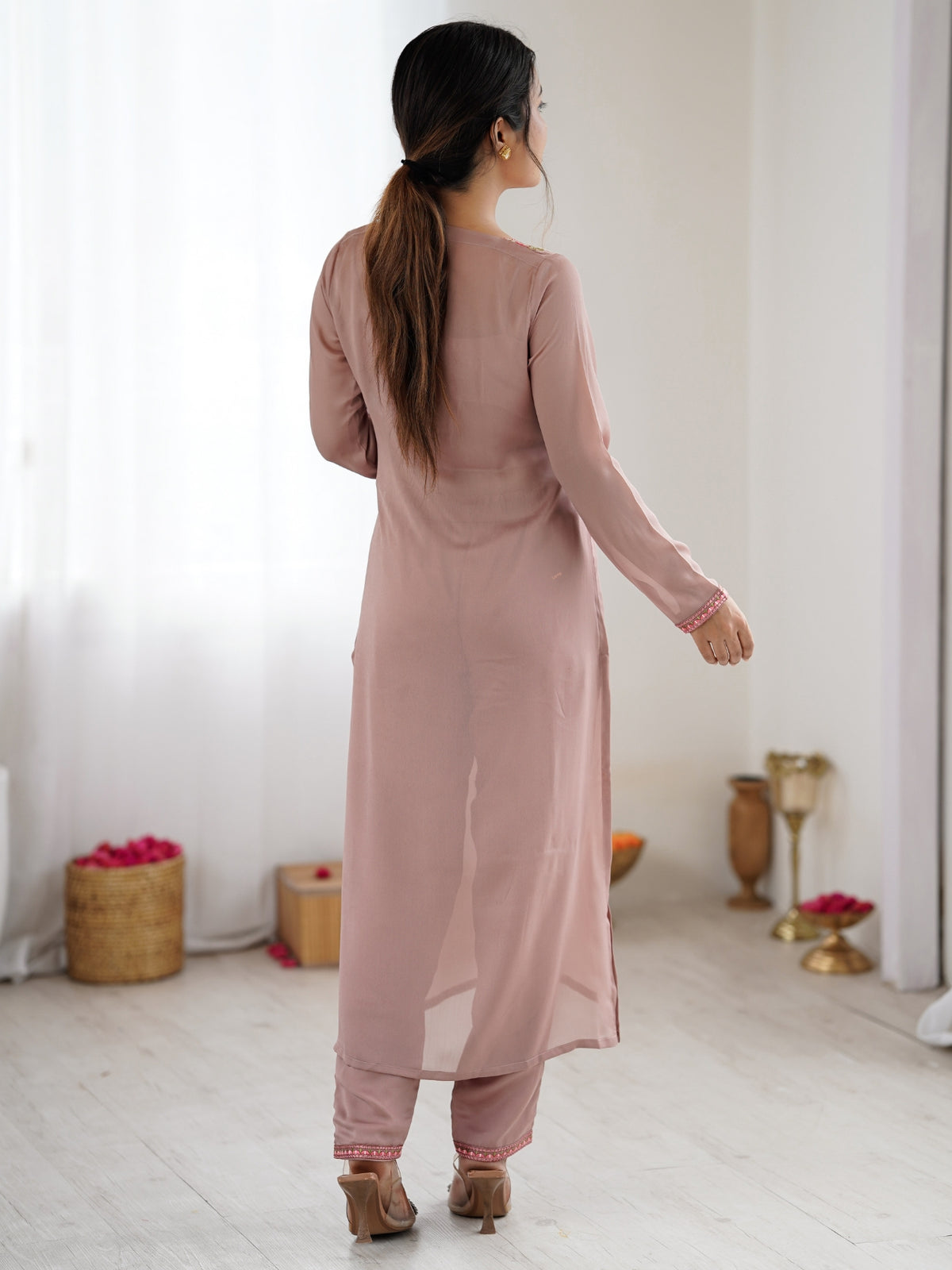 Dusty Pink Embroidered Straight Kurta Pant Set