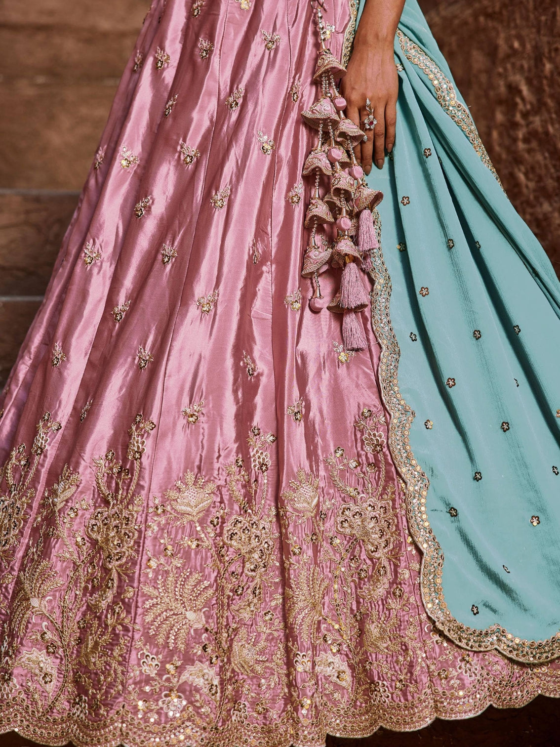 Pink Embroidered Lehenga Choli with Aqua Blue Dupatta – Bridal Party Wear Set