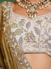 Ivory Gold Embroidered Bridal Lehenga Choli with Olive Green Dupatta