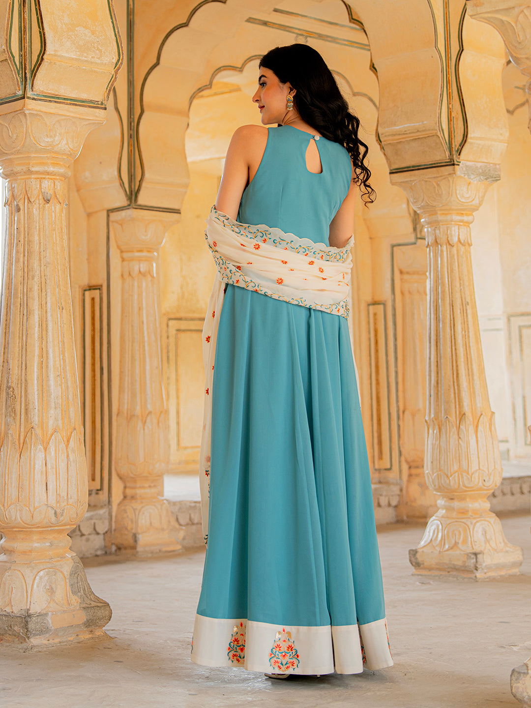 Teal Blue Georgette Embroidered Anarkali Gown with Dupatta