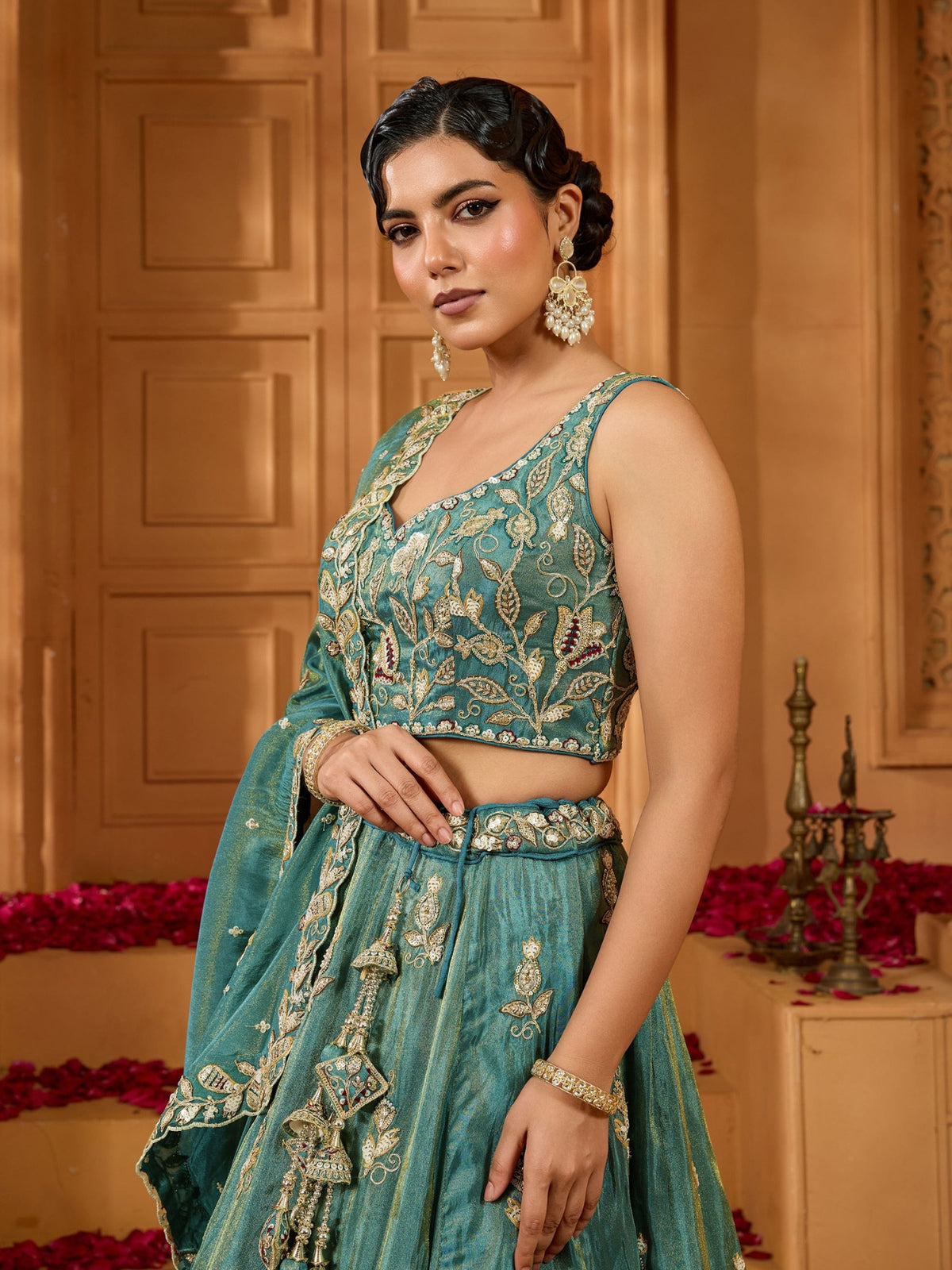 ROYAL TEAL BLUE EMBROIDERED LEHENGA SET