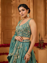 ROYAL TEAL BLUE EMBROIDERED LEHENGA SET