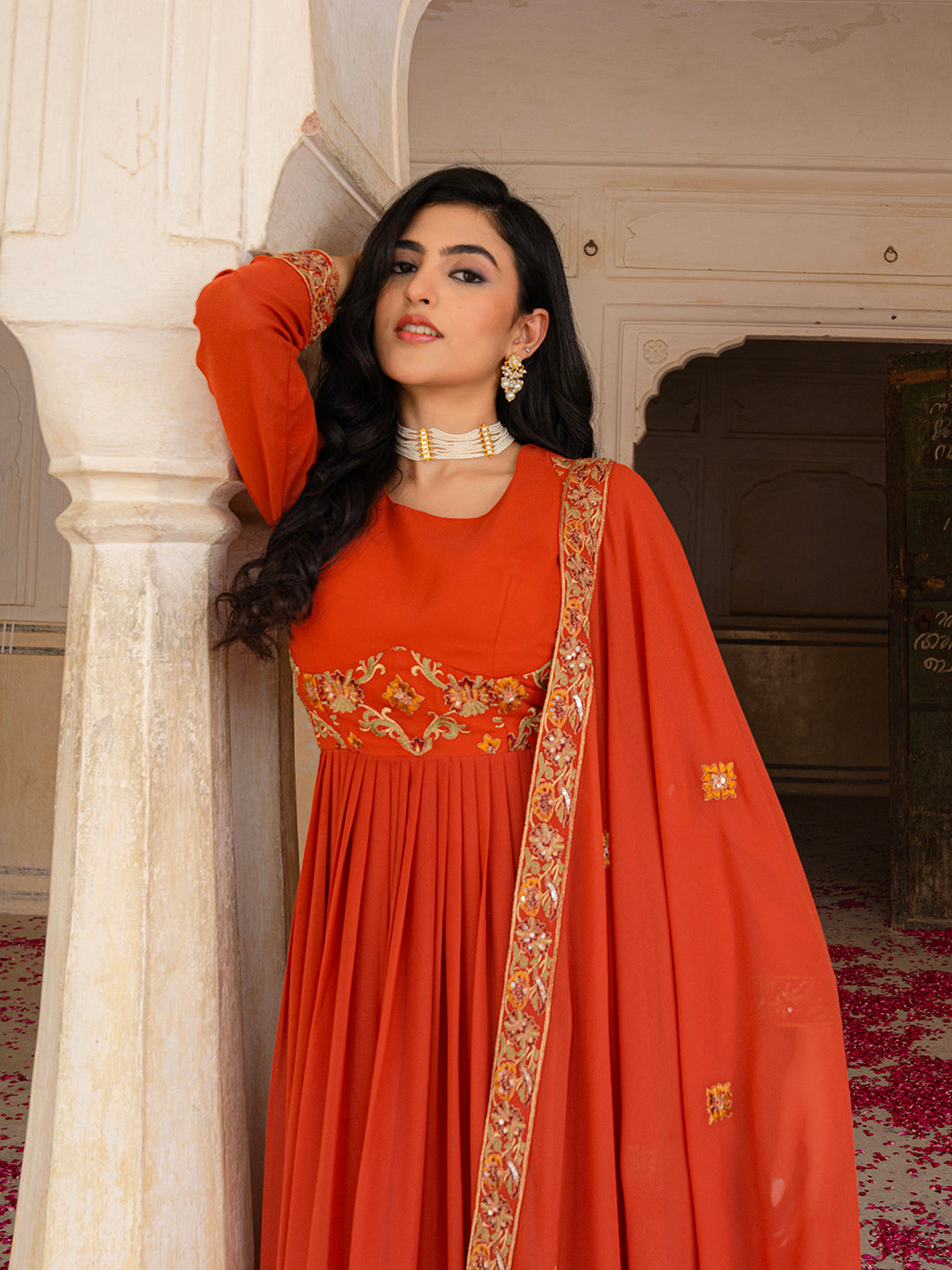 Rust Orange Anarkali Gown with Gold Embroidery and Matching Dupatta