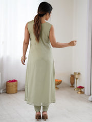 Green Embroidered Straight Kurta Set with Pink Floral Work