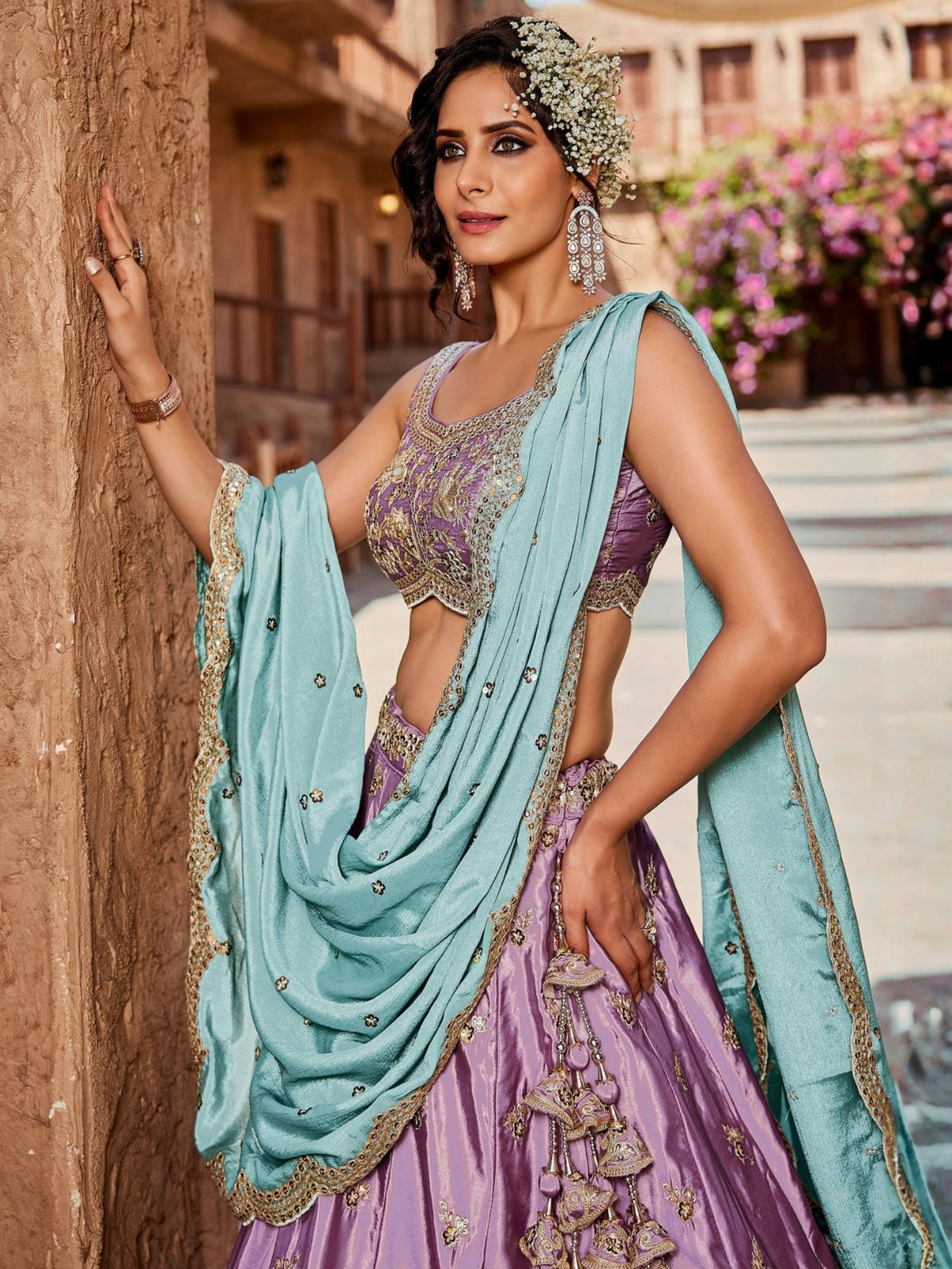 Lavender Embroidered Lehenga Choli with Aqua Blue Dupatta