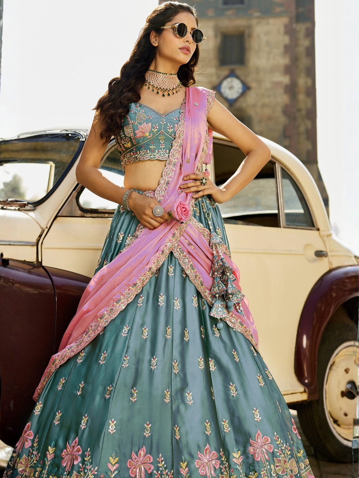 ROYAL TEAL BLUE RANGOLI SILK LEHENGA SET