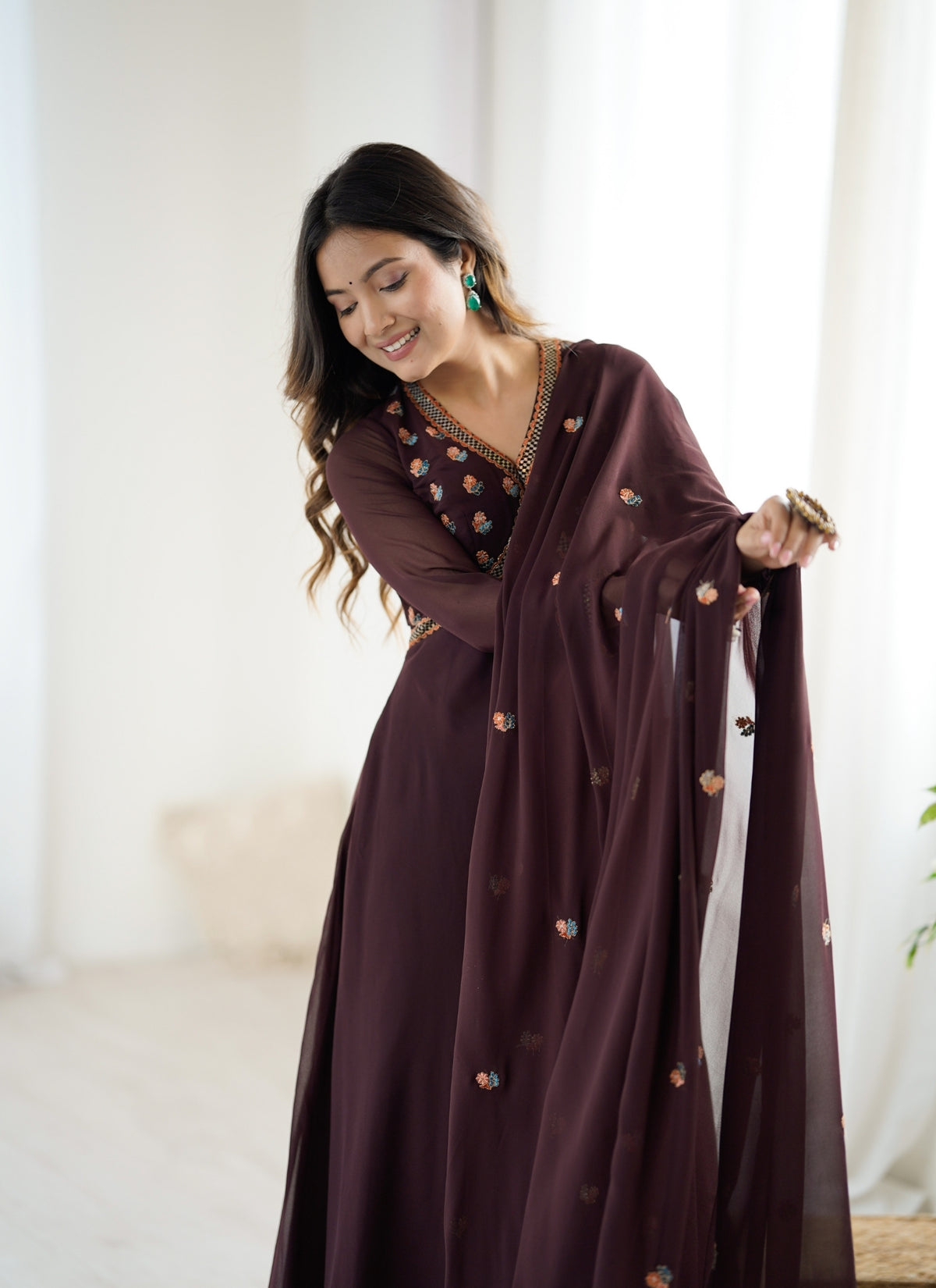 Dark Brown Embroidered Anarkali Suit with Dupatta for Women