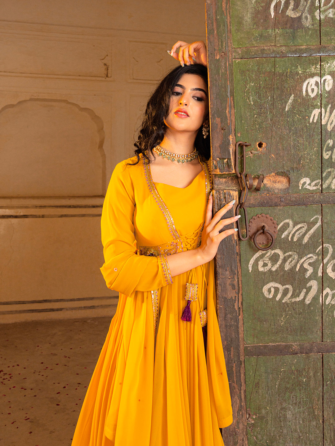 Mustard Yellow Anarkali Gown with Embroidered Waistline and Matching Dupatta
