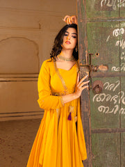Mustard Yellow Anarkali Gown with Embroidered Waistline and Matching Dupatta