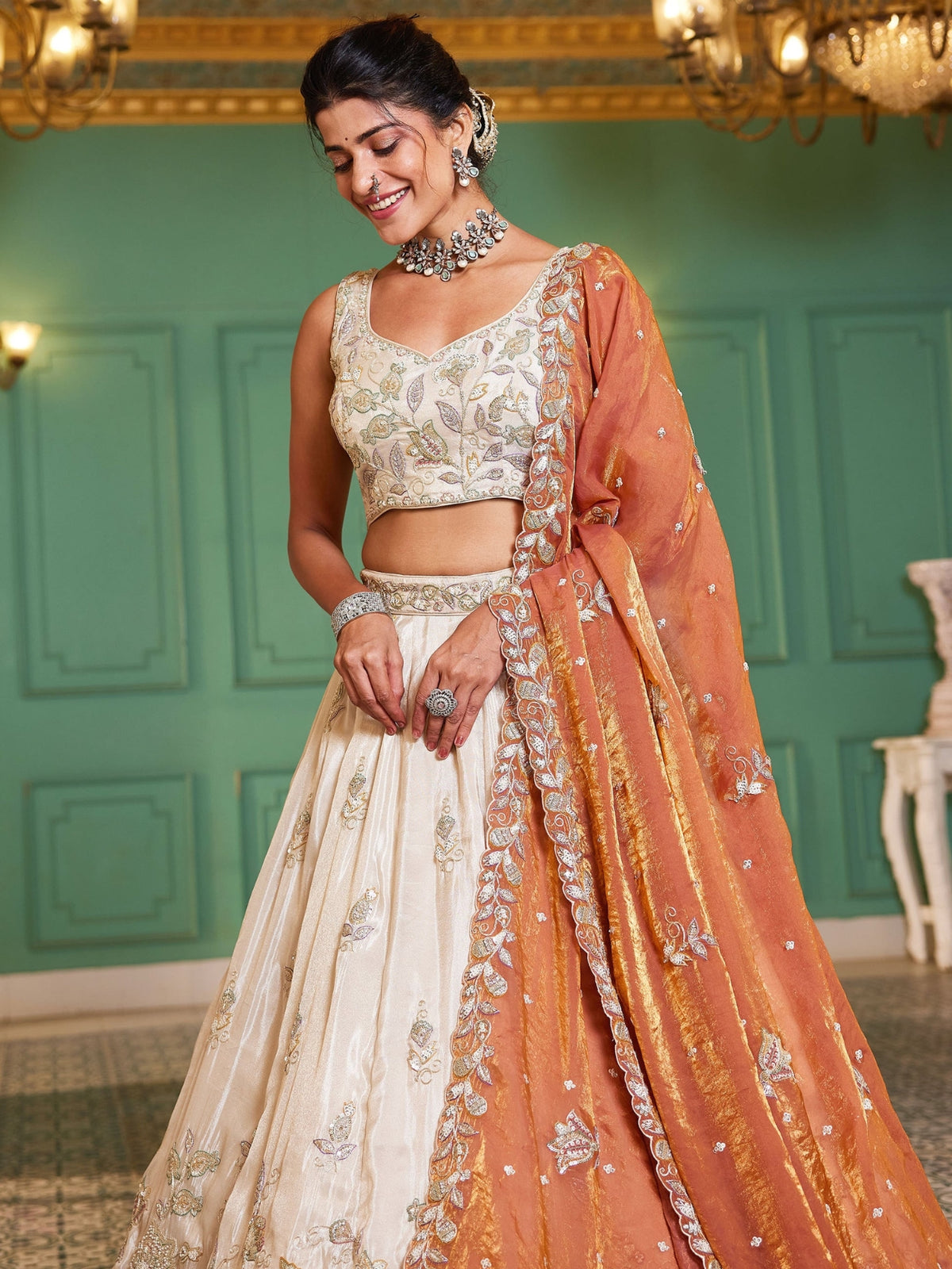 Ivory Gold Embroidered Bridal Lehenga Choli with Rust Orange Dupatta