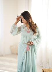 Pastel Mint Green Embroidered Anarkali Gown for Women