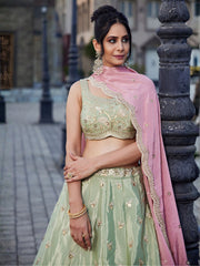 Pastel Mint Green Embroidered Bridal Lehenga Choli with Pink Dupatta