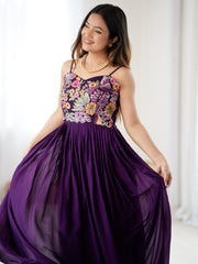 Purple Floral Embroidered Strappy Maxi Gown