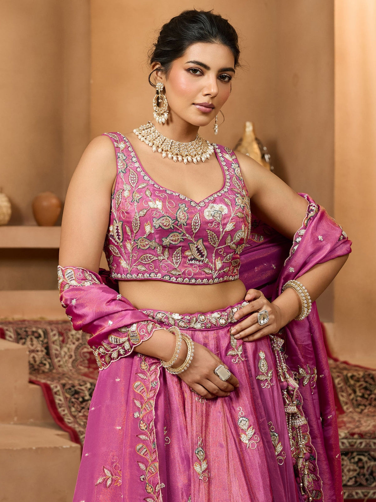 ROYAL RANI PINK PURE TISSUE LEHENGA SET